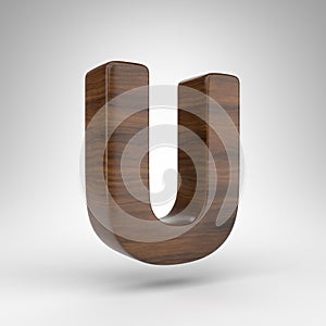 Letter U uppercase on white background. Dark oak 3D letter with brown wood texture.