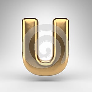 Letter U uppercase on white background. Golden 3D letter with gloss metal texture.