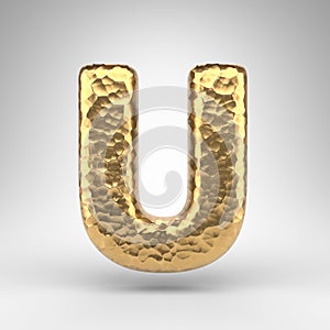 Letter U uppercase on white background. Hammered brass 3D letter with shiny metallic texture