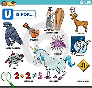 Letter u words educational set with cartoon characters