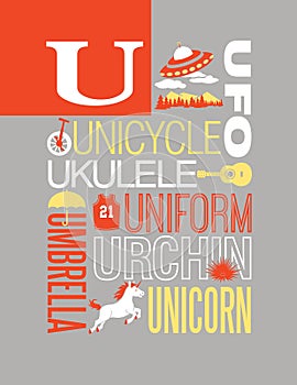 Letter U words typography illustration alphabet poster design