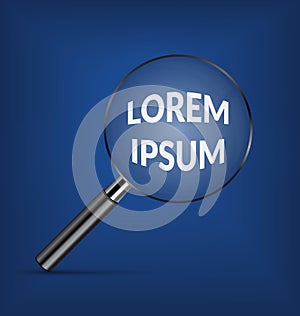 Letter under realistic magnifying glass or loupe on blue background. Vector Illustration.