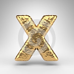 Letter X uppercase on white background. Hammered brass 3D letter with shiny metallic texture