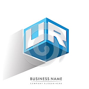 Letter UR logo in hexagon shape and blue background, cube logo with letter design for company identity