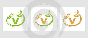 Letter V Agriculture Logo. Agribusiness, Eco-farm Design Template