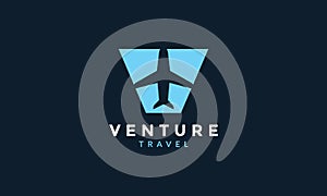 Letter V with airplane fly travel transportation logo icon vector illustration design