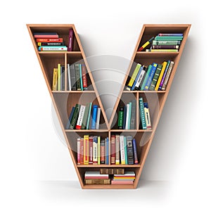 Letter V. Alphabet in the form of shelves with books isolated on