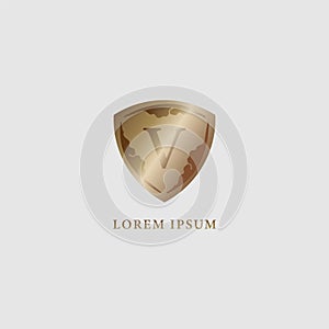 Letter V alphabet logo design template. Luxury gold decorative shield sign illustration. Initial abjad company logo