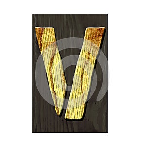 Letter V. Alphabet made of letters, made of wood, on a dark wooden plank. Isolated on white background. Education