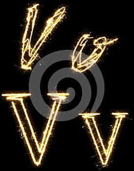 Letter V. Alphabet made by sparkler. Isolated on a black background.