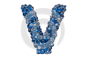 Letter V from blue diamonds or sapphires with brilliant cut. 3D rendering