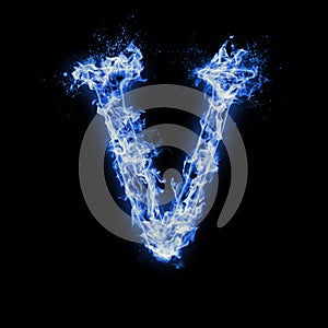 Letter V. Blue fire flames on black