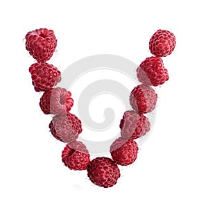 The letter V of the english alphabet of red ripe raspberries