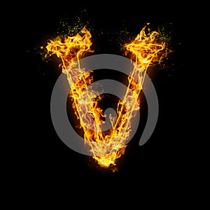 Letter V. Fire flames on black isolated background