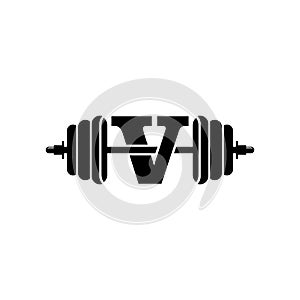 Letter V Fitness Gym Logo Design. Barbel Sports Vector