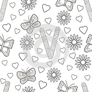 Letter V with flowers, leaves and butterflies.