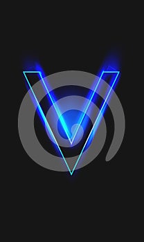 letter V in glowing blue light on black background, v for vendetta concept