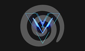 letter V in glowing blue light on black background, v for vendetta concept