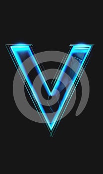 letter V in glowing blue light on black background, v for vendetta concept