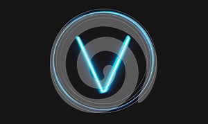 letter V in glowing blue light on black background, v for vendetta concept