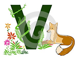 Letter V with green grass vines and Vixen