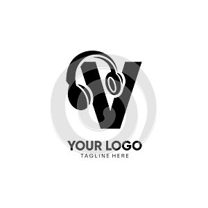 Letter V Headphone Logo Design Vector Icon Graphic Illustration Emblem