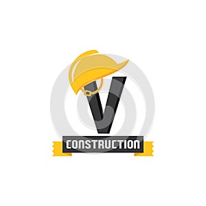 Letter V Helmet Construction Logo Vector Design. Security Building Architecture Icon Emblem