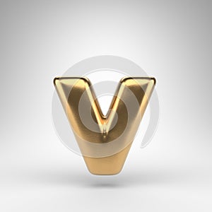 Letter V lowercase on white background. Golden 3D letter with gloss metal texture.