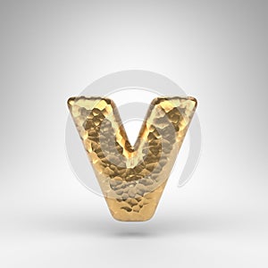 Letter V lowercase on white background. Hammered brass 3D letter with shiny metallic texture