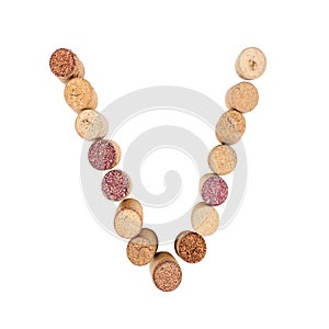 The letter `V` is made of wine corks. Isolated on white background