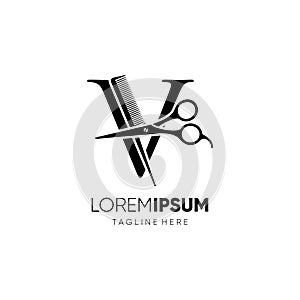 Letter V Scissors and Hair Comb Stylist Logo Design Vector Icon Graphic