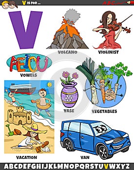 Letter V set with cartoon objects and characters