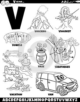 Letter V set with cartoon objects and characters coloring page