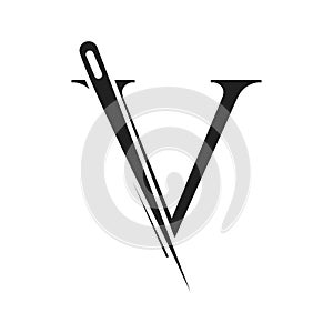 Letter V Tailor Logo, Needle and Thread Combination for Embroider, Textile, Fashion, Cloth, Fabric Template