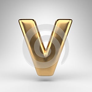 Letter V uppercase on white background. Golden 3D letter with gloss metal texture.