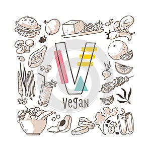 Letter V - Vegan, cute alphabet series in doodle style