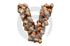 Letter V from wooden barrels, 3D rendering