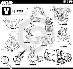Letter v words educational cartoon set coloring page