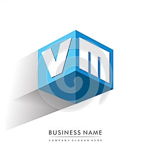 Letter VM logo in hexagon shape and blue background, cube logo with letter design for company identity