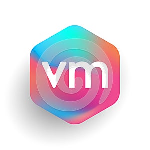 Letter VM logo in hexagon shape and colorful background, letter combination logo design for business and company identity