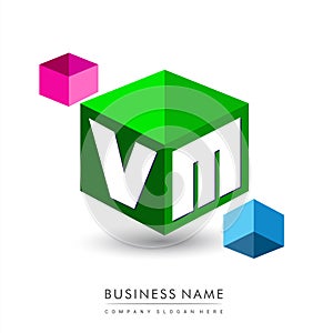 Letter VM logo in hexagon shape and green background, cube logo with letter design for company identity