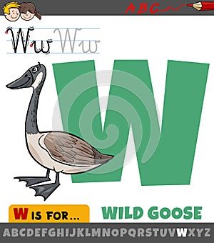 Letter W from alphabet with cartoon wild goose animal character