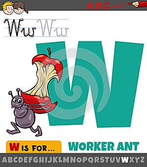 letter W from alphabet with cartoon worker ant animal character