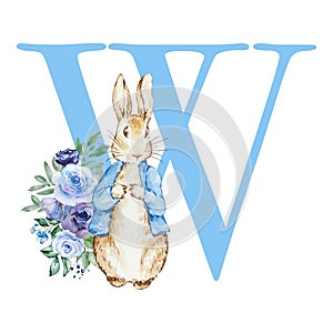 Letter W blue with watercolor cute rabbit with flowers