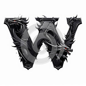 the letter w is decorated with black dragon artwork design elements