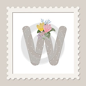 Letter W with flowers. Floral alphabet font uppercase