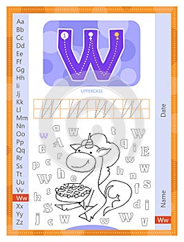 Letter W and funny cartoon hand drawn unicorn. Alphabet a-z. Coloring page. Printable worksheet. Handwriting practice.