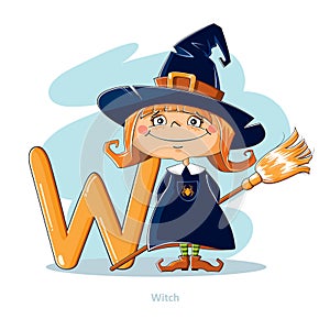 Letter W with funny Witch