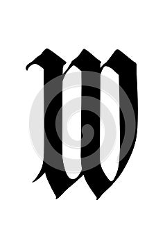Letter W, in the Gothic style. Vector. Alphabet. The symbol is isolated on a golden background. Calligraphy and lettering. Medieva