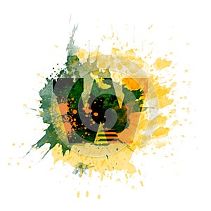 letter W typography design, dark green and yellow ink splash grunge watercolor splatter, isolated on white, grungy backgro photo